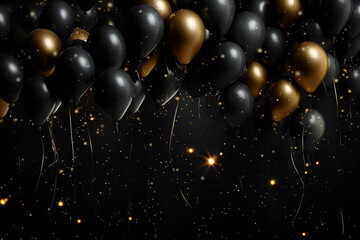 Black balloons on a black background. Black Fridayblack and gold baloon christmas decoration - obrazy, fototapety, plakaty