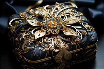A luxurious high-quality blue gift box with exquisite gold floral embossed design