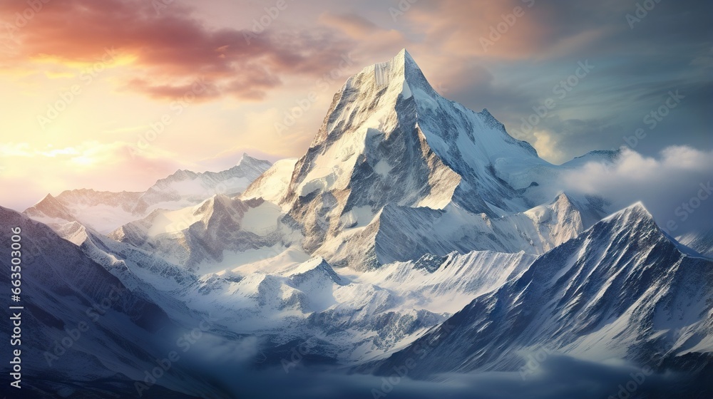 Poster a painting of a mountain with clouds in the sky above it. generative ai