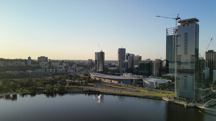 Fototapeta na wymiar Aerial view of Perth skyline at sunset from Swan River