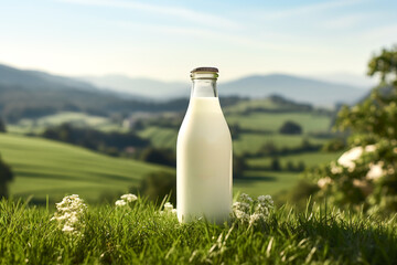 Bottle of milk standing on an Alpine meadow with green grass on a sunny summer day. Blue sky mountains in the background. Dairy production healthy diet concept - obrazy, fototapety, plakaty