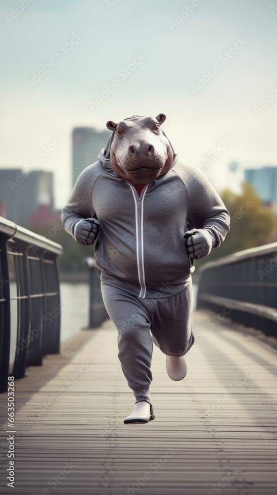 Poster a man hippo running on a bridge. generative ai.
