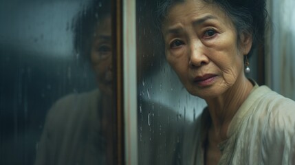 A mature Asian woman looking at herself in a mirror. Generative AI.