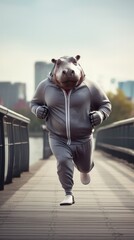 A man hippo running on a bridge. Generative AI. - obrazy, fototapety, plakaty