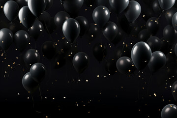 Black balloons on a black background. Black Fridayblack and gold baloon christmas decoration