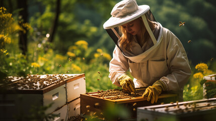 beekeeper at work with bees, organic and naturalistic compositions, french countryside, ecofriendly. Apiculture work. - obrazy, fototapety, plakaty