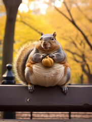 Obraz premium A fat squirrel sitting on top of a wooden bench. Generative AI.