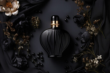 Abstract black gold perfume bottle on floral black background, mock up