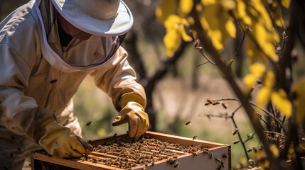 beekeeper at work with bees, organic and naturalistic compositions, french countryside, ecofriendly. Apiculture work.