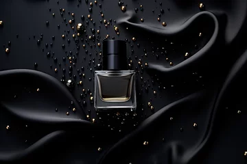 Foto op Plexiglas Abstract black perfume bottle on black cloth background © nnattalli