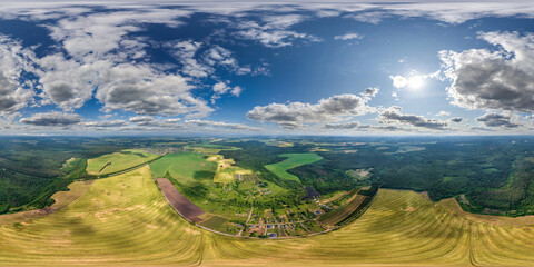 aerial hdri 360 panorama view over provincial village from great height in equirectangular seamless spherical  projection. may use like sky replacement for drone 360 panorama - obrazy, fototapety, plakaty