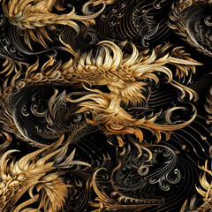 Seamless surreal and patterned golden dragon, a symbol of the Year of the Dragon, against a black background, creating a panoramic view, perfect for Christmas and New Year celebrations