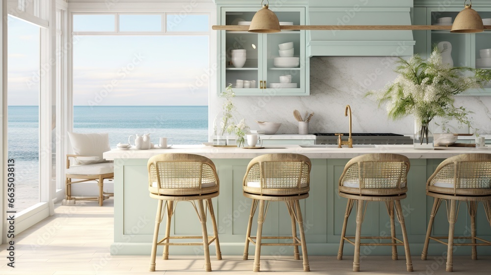 Poster a kitchen with a view of the ocean and the ocean. generative ai