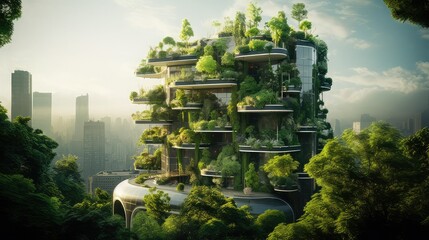 Futuristic design image of a building with a lot of greenery. Conservation, ecology, environment, architecture. Image generated with AI