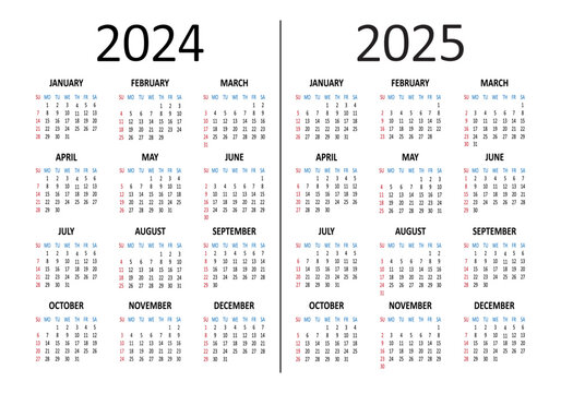 Calendar yearly 2024 2025. Week starts on Sunday. Vector illustration