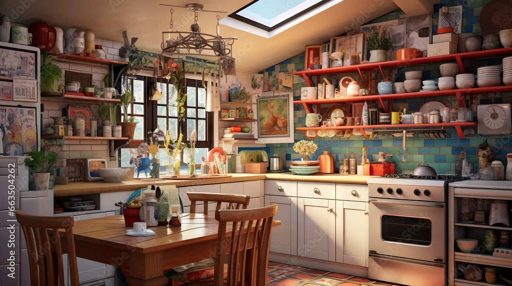 Poster a kitchen filled with lots of clutter and a table. generative ai