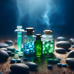 Spa still life with blue glass bottles and stones on wooden background