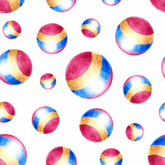 Seamless pattern with children's toy balls. Handmade watercolor illustration. For children's textiles, postcards and flyers. For labels, packaging and prints of children's products For packaging.