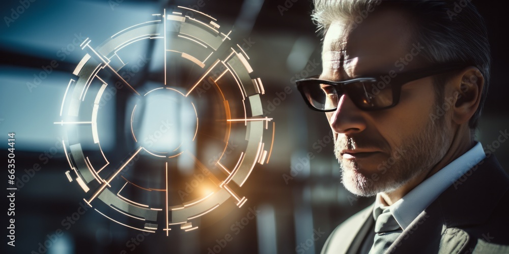 Poster A Man Gazes Through a Virtual Holoscreen with a Rangefinder Lens Aesthetic, Immersed in Technological Marvels and Sleek Innovations
