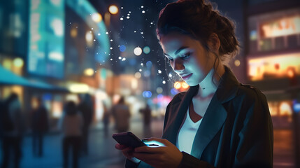 Night city scene, woman using mobile app on the phone under neon lights of street