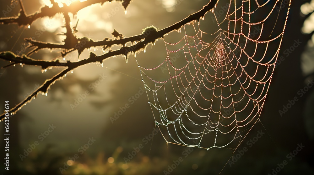 Poster a spider web hanging from a tree branch in the sun. generative ai