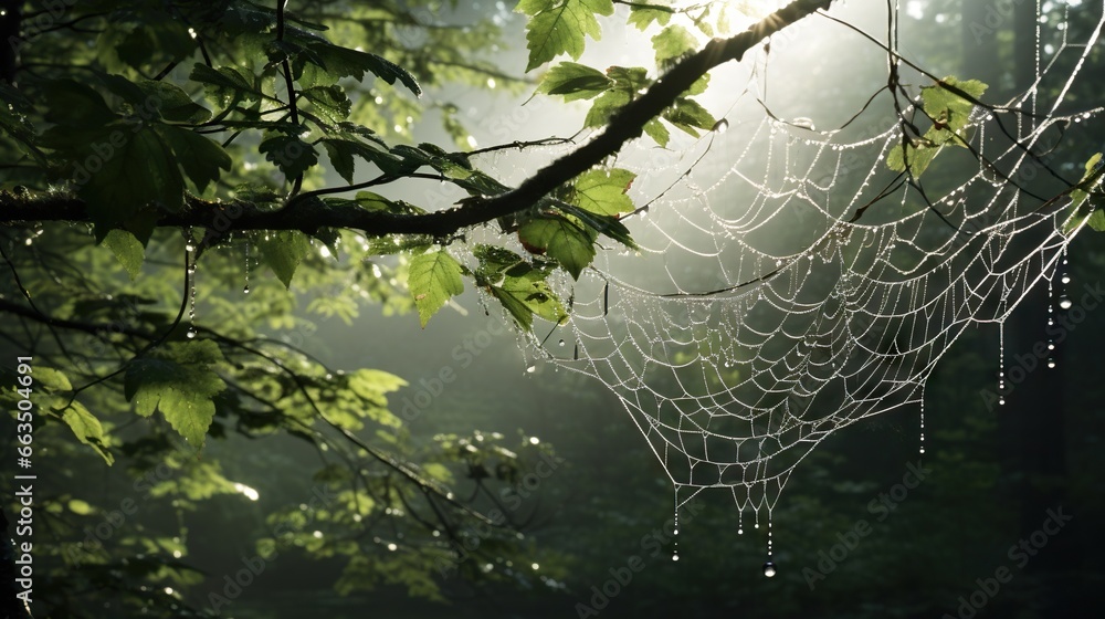 Poster a spider web hanging from a tree branch in a forest. generative ai