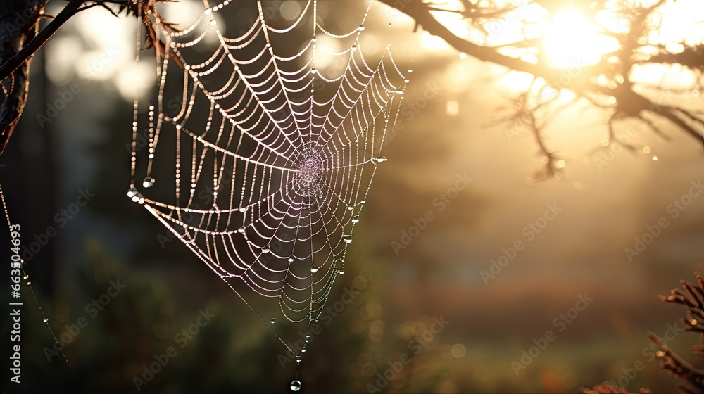 Poster a spider web hanging from a tree branch in the sun. generative ai