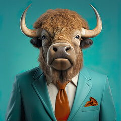 Funny buffalo bison in suit generative AI illustration. Lovely animal looks like humans concept. Realistic photo style
