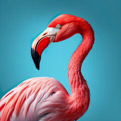 Flamingo wading bird portrait isolated on turquoise background AI image illustration. Funny animal concept. 