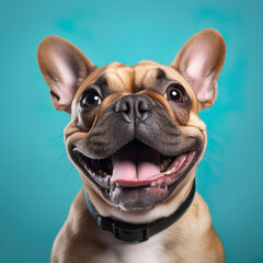 French bulldog dog smiling isolated on turquoise blue background. Generative AI image illustration. Beautiful animals looks like humans concept