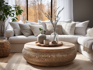 Modern living room with a boho, ethnic, and tribal vibe, showcasing a round wooden coffee table next to a white sofa adorned with gray throw pillows.