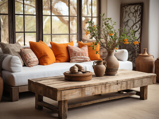 Boho-chic farmhouse living room with a rustic wooden coffee table and a white sofa adorned with vibrant orange leather pillows.