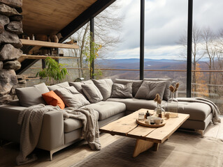 Incorporating elements of nature, this modern living room boasts a grey corner sofa placed against a panoramic window offering breathtaking views of the forest, harmonizing seamlessly with its Scandin