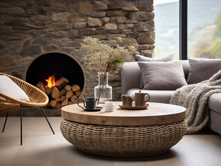 Amidst a stone-clad wall, this modern living room features a round coffee table nestled between a wicker chair and a sofa, all positioned in front of a cozy fireplace, showcasing a Scandinavian-inspir