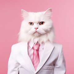 White fury cat kitty in suit isolated on pink background. Generative AI image illustration. business animals concept