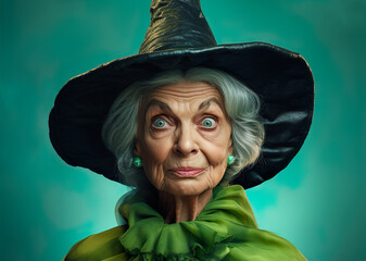 Funny witch portrait isolated on turquoise background AI image illustration. Scary persons concept