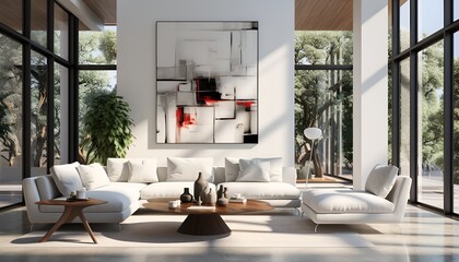 Modern black and white interior, featuring a spacious room with sleek furniture