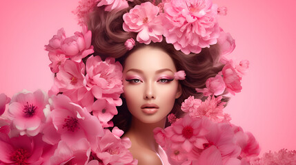 beauty art portrait of an asian brunette girl with pink flowers in her hair and professional makeup, on a studio pink background with copy space. The concept of naturalness cosmetic products 