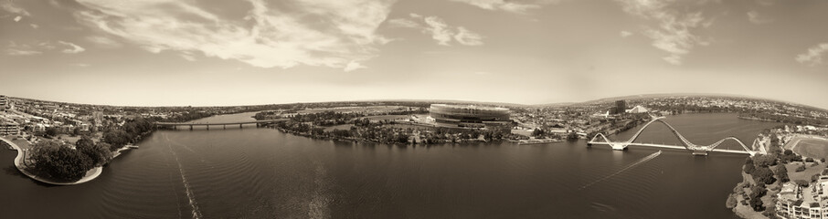 Panoramic aerial view of Matagarup Bridge and Mardalup Park in Perth