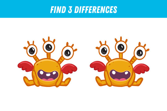 Find three differences between two pictures of cute orange monster. Cute alien. Vector illustration