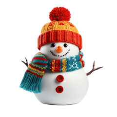 Muñeco de nieve simpatico con gorro y bufanda aislado sobre fondo transparente.Adornos y motivos navideños. - obrazy, fototapety, plakaty