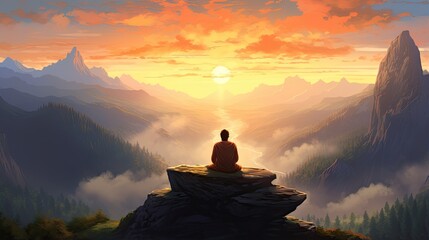  a person sitting on a cliff looking at a sunset over a valley.  generative ai