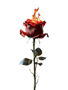 A rose flower burning with fire flames isolated on transparent background. Generative AI