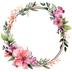 Obraz na płótnie Canvas Spring floral wreath round frame. Watercolor paint decor illustration clipart for design isolated on transparent background.