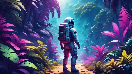 Rolgordijnen astronaut standing on the planet of mysterious colorful jungle in space, astronaut discovers a life like planet for humanity © CreaTvt