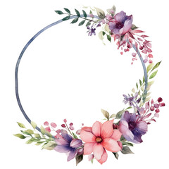 Spring floral wreath round frame. Watercolor paint decor illustration clipart for design isolated on transparent background.