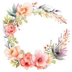 Spring floral wreath round frame. Watercolor paint decor illustration clipart for design isolated on transparent background.
