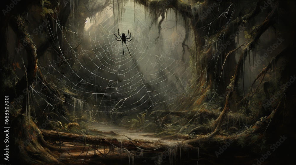 Poster a spider web in the middle of a forest with trees. generative ai