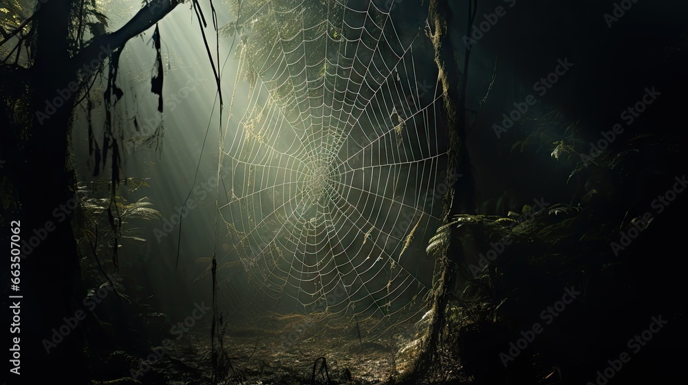 Poster a spider web in the middle of a forest with sunlight streaming through it. generative ai