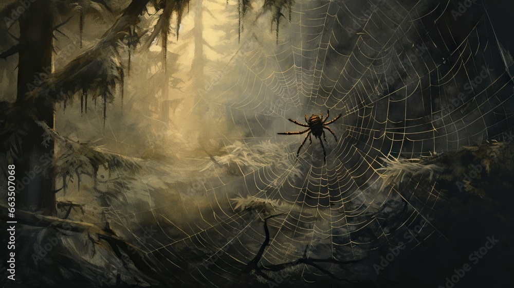 Poster a spider sits on its web in the middle of a forest. generative ai